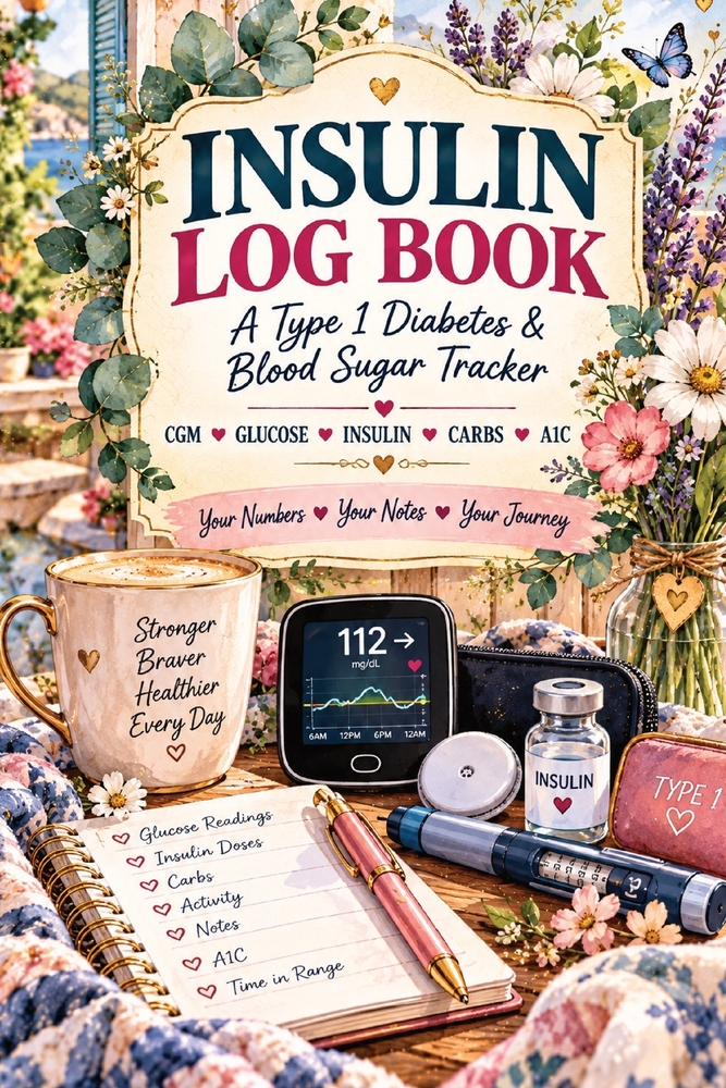 Insulin Log Book: A Type 1 diabetes and blood sugar tracker for CGM and glucose readings, insulin doses, carbs, bolus, basal, time in range, hypo even cover