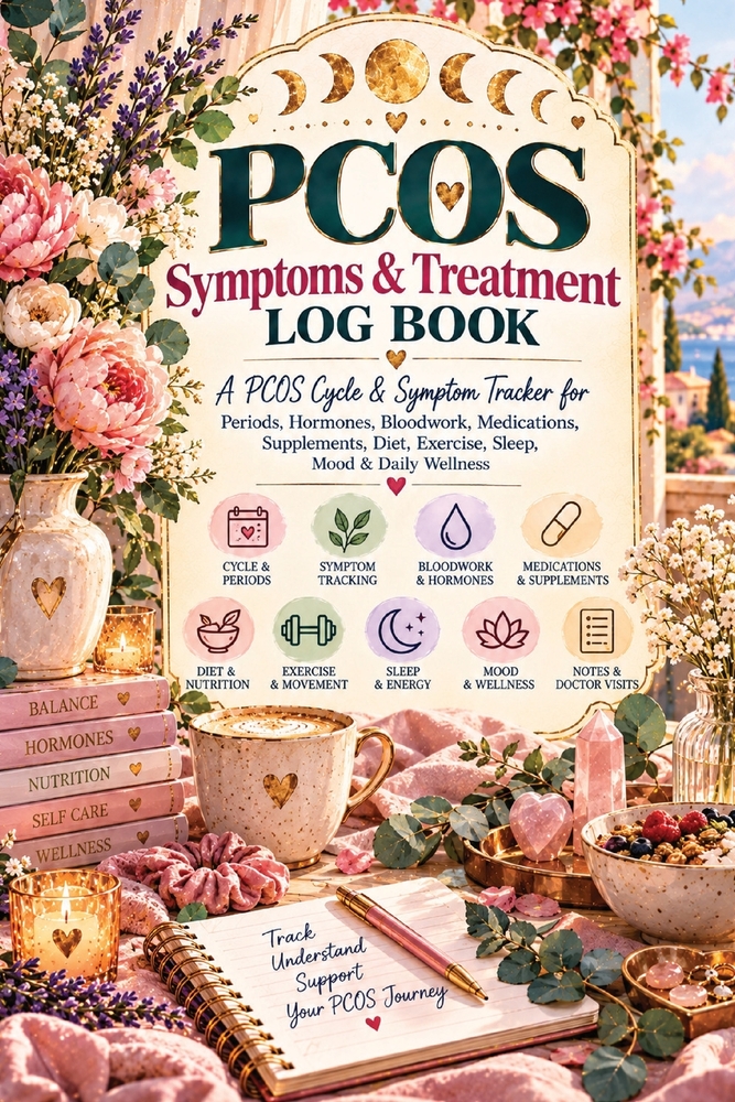 PCOS Symptoms & Treatment Log Book: A PCOS Cycle & Symptom Tracker for Periods, Hormones, Bloodwork, Medications, Supplements, Diet, Exercise, Sleep, cover