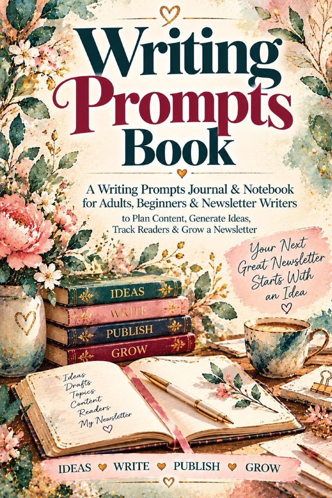 Writing Prompts Book: A Writing Prompts Journal & Writer's Notebook for Adults, Beginners & Newsletter Writers to Plan Content, Generate Ideas, Track cover
