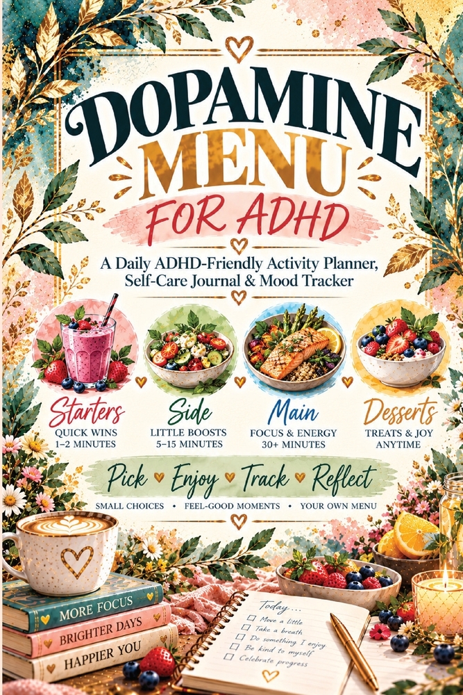 Dopamine Menu for ADHD: A Daily ADHD-Friendly Dopamine Menu Planner, Self-Care Journal & Mood Tracker for Feel-Good Activities, Low Motivation, Screen cover