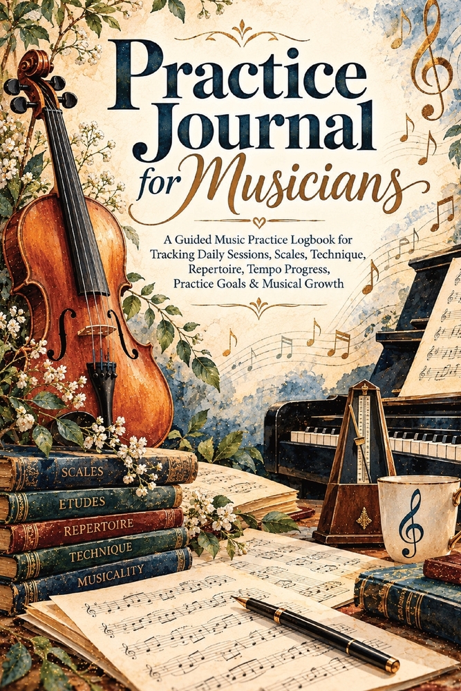 Practice Journal for Musicians: A Guided Music Practice Logbook for Tracking Daily Sessions, Scales, Technique, Repertoire, Tempo Progress, Practice G cover