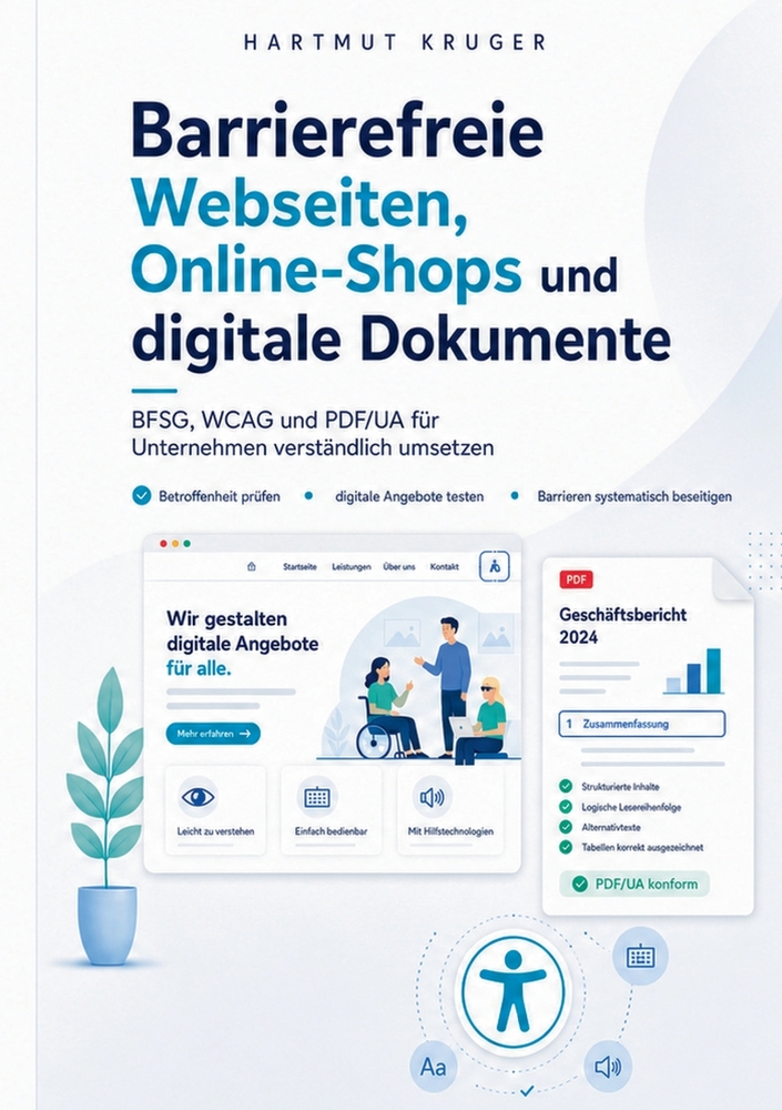 Barrierefreie Webseiten, Online-Shops und digitale Dokumente: BFSG, WCAG und PDF/UA für Unternehmen verständlich umsetzen. Betroffenheit prüfen, digit cover
