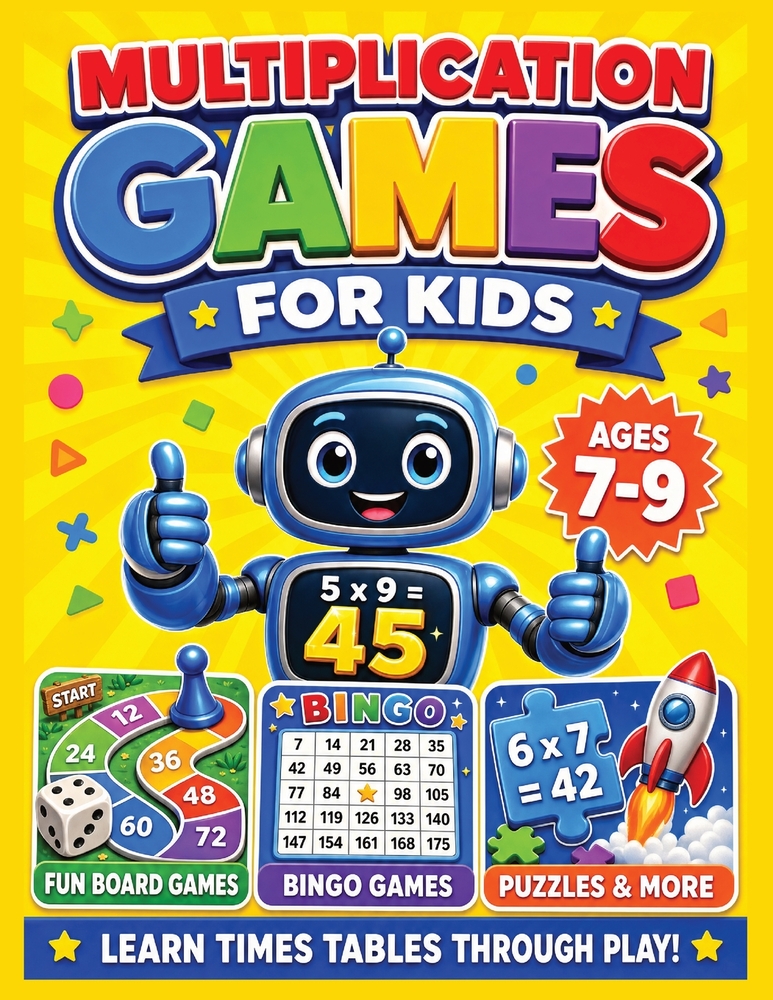 Multiplication Games for Kids: A Fun Workbook with Times Tables Practice, Answer Hunts, Bingo, Dice Activities, Puzzles, Board Challenges, and Color-b cover