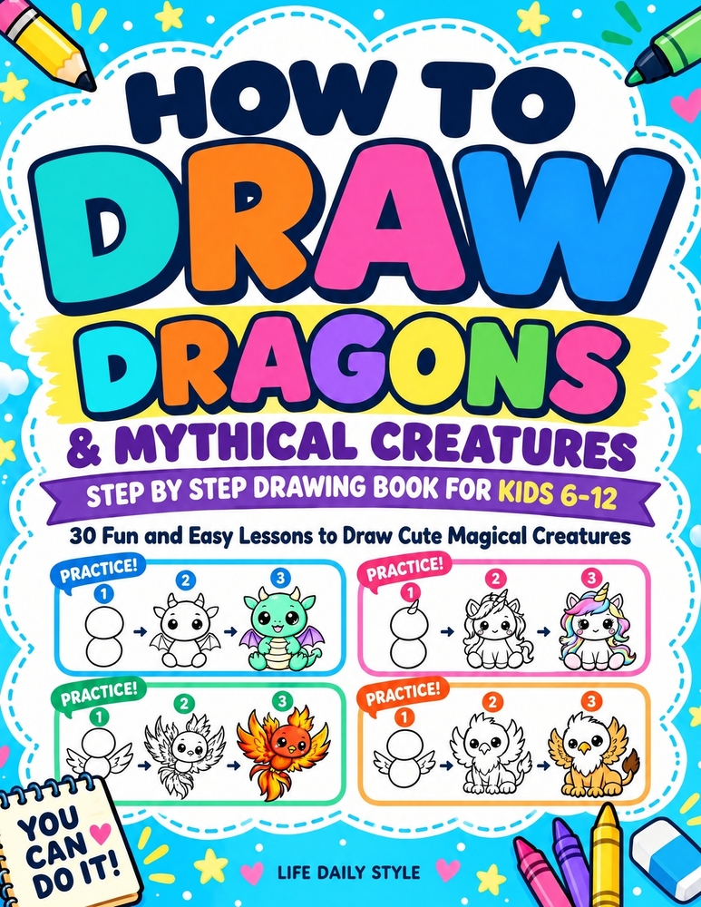 How to Draw Dragons & Mythical Creatures: Step by Step Drawing Book for Kids Ages 6-12 with 30 Cute Unicorns, Griffins, Phoenixes and Magical Animals cover
