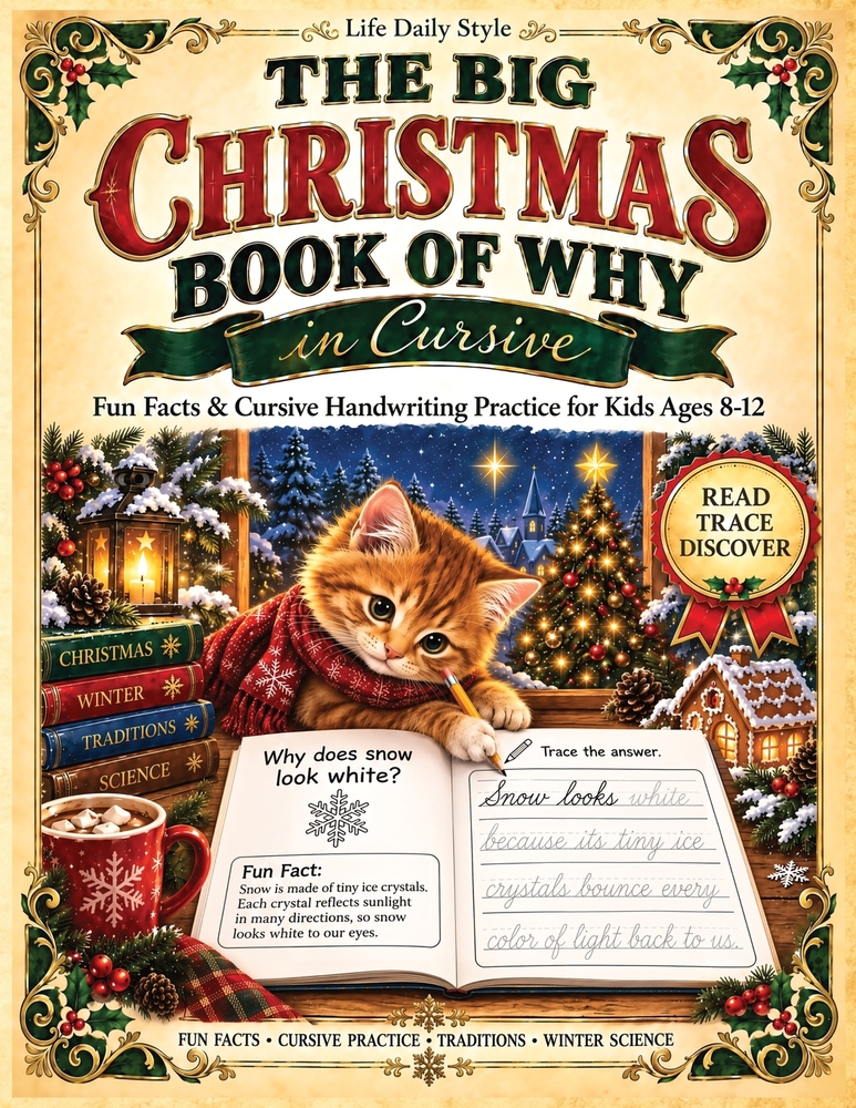 The Big Christmas Book of Why in Cursive: Fun Facts & Handwriting Practice Workbook for Kids Ages 8-12 cover