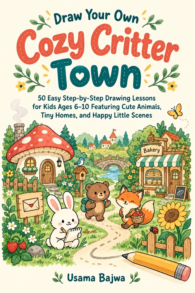 Draw Your Own Cozy Critter Town: 50 Easy Step-by-Step Drawing Lessons for Kids Ages 6-10 Featuring Cute Animals, Tiny Homes, and Happy Little Scenes cover