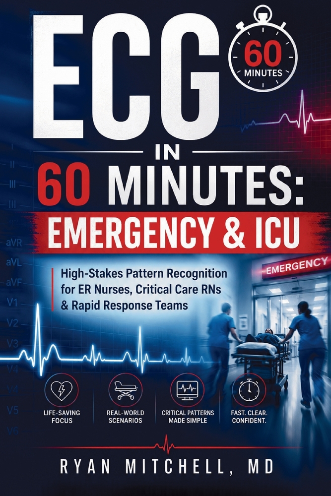 ECG in 60 Minutes Emergency & ICU: High-Stakes Pattern Recognition for ER Nurses, Critical Care RNs & Rapid Response Teams cover