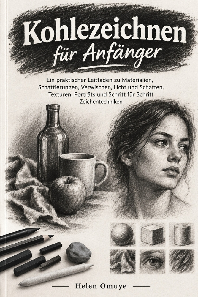 Kohlezeichnen für Anfänger: Ein praktischer Leitfaden zu Materialien, Schattierungen, Verwischen, Licht und Schatten, Texturen, Porträts und Schritt f cover