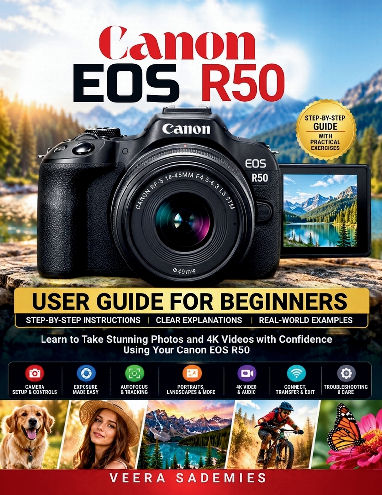 Canon EOS R50 User Guide for Beginners: Simple Setup, Sharp Photos, and Confident 4K Video with Step-by-Step Lessons and Practical Shooting Exercises. cover