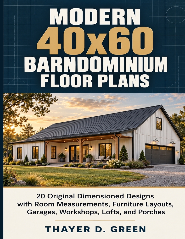 Modern 40x60 Barndominium Floor Plans: 20 Original Dimensioned Designs with Room Measurements, Furniture Layouts, Garages, Workshops, Lofts, and Porch cover