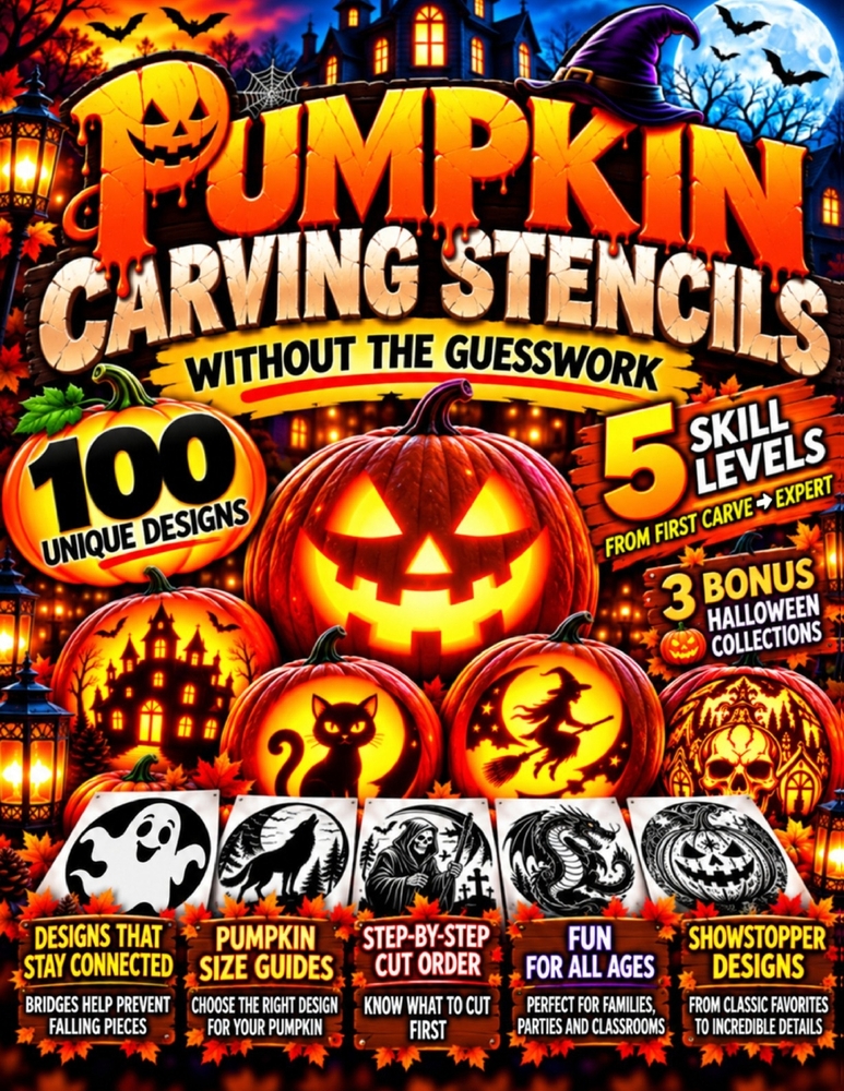 Pumpkin Carving Stencils Without the Guesswork: 100 Pumpkin Stencils for Carving and Pumpkin Carving Patterns for Families, with 5 Skill Levels, Size cover