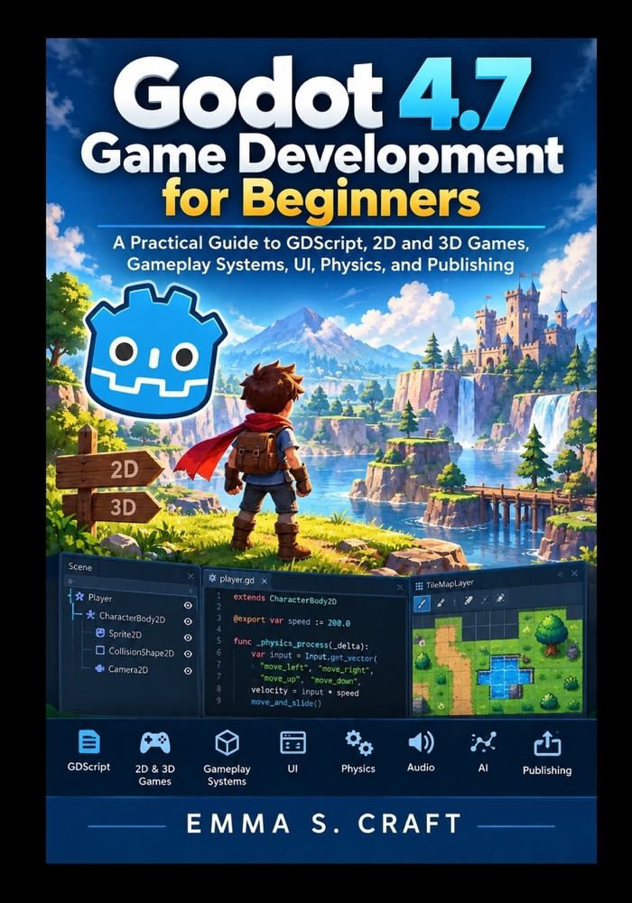 Godot 4.7 Game Development for Beginners: A Practical Guide to GDScript, 2D and 3D Games, Gameplay Systems, UI, Physics, and Publishing cover