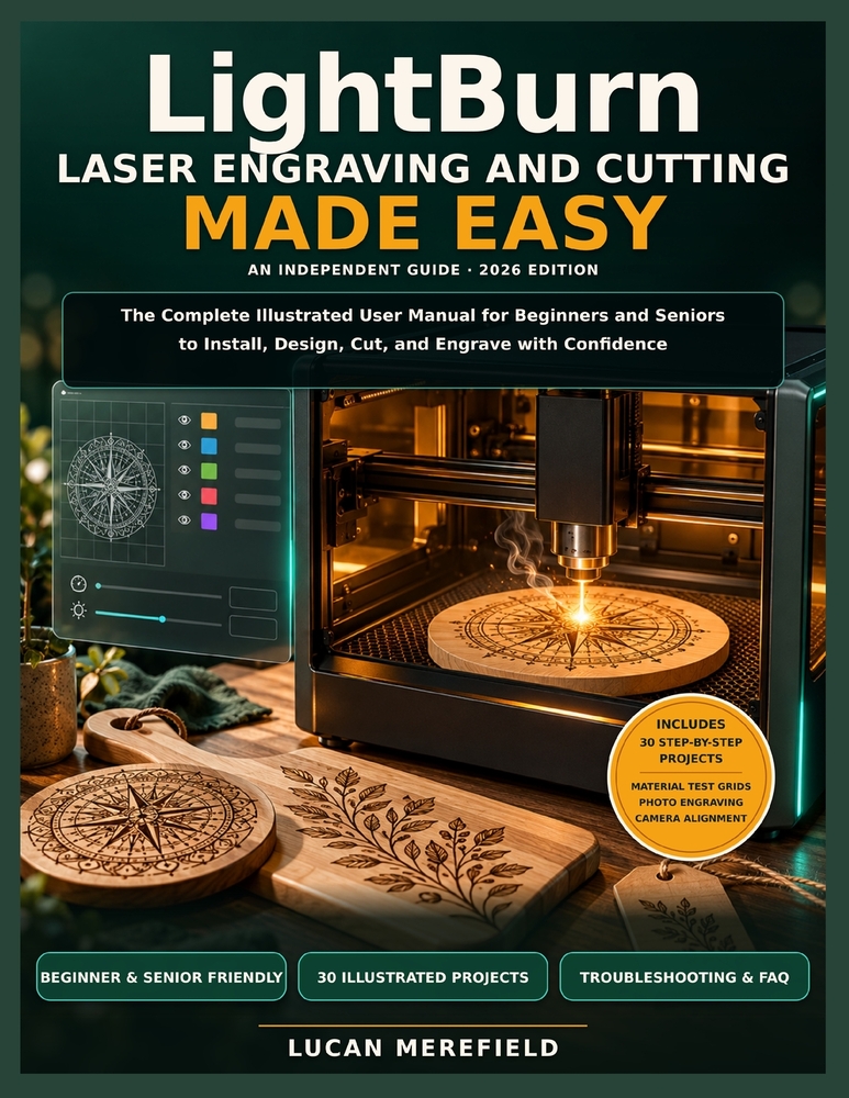 LightBurn Laser Engraving and Cutting Made Easy: The Complete Illustrated User Manual for Beginners and Seniors to Install, Design, Cut, and Engrave w cover