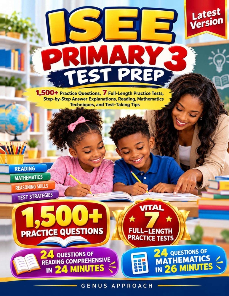ISEE Primary 3 Test Prep: 1,500+ Practice Questions, 7 Full-Length Practice Tests, Step-by-Step Answer Explanations, Reading, Mathematics Techniques, cover