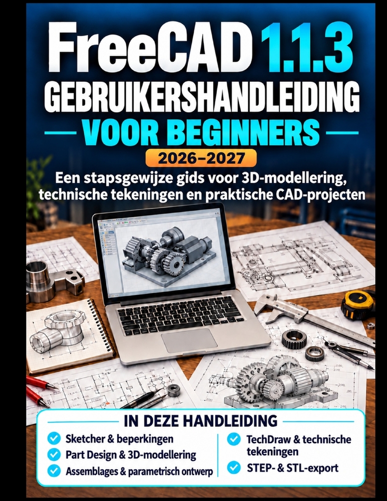 FreeCAD 1.1.3 GEBRUIKERSHANDLEIDING VOOR BEGINNERS 2026-2027: Een stapsgewijze handleiding voor 3D-modellering, technische tekeningen en praktische CA cover