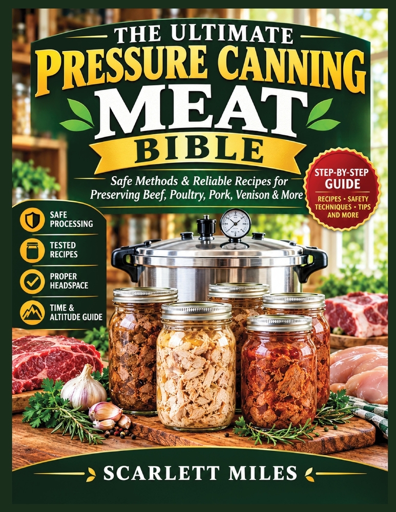 The Ultimate Pressure Canning Meat Bible: Safe Methods & Reliable Recipes for Preserving Beef, Poultry, Pork, Venison & More cover