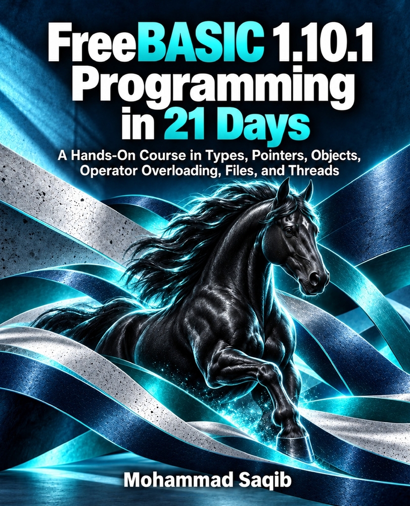 FreeBASIC 1.10.1 Programming in 21 Days: A Hands-On Course in Types, Pointers, Objects, Operator Overloading, Files, and Threads cover
