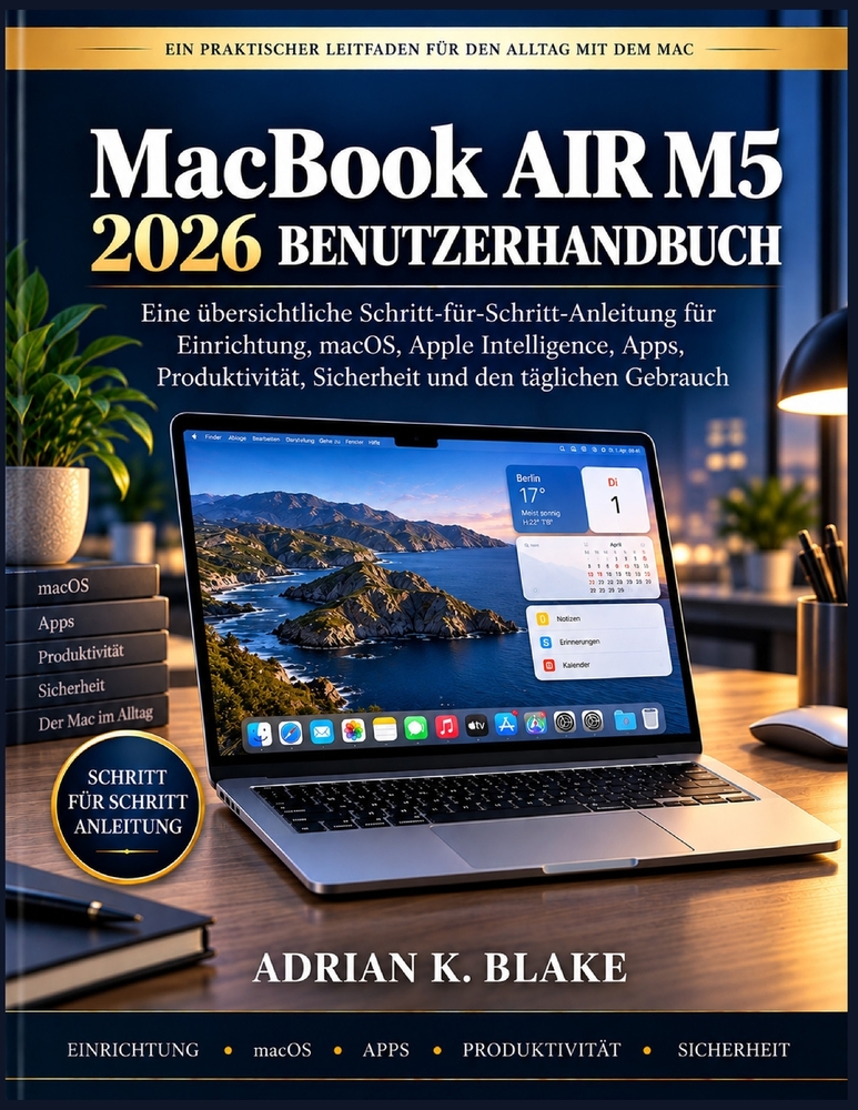 MacBook AIR M5 2026 BENUTZERHANDBUCH: Eine übersichtliche Schritt-für-Schritt-Anleitung für Einrichtung, macOS, Apple Intelligence, Apps, Produktivitä cover