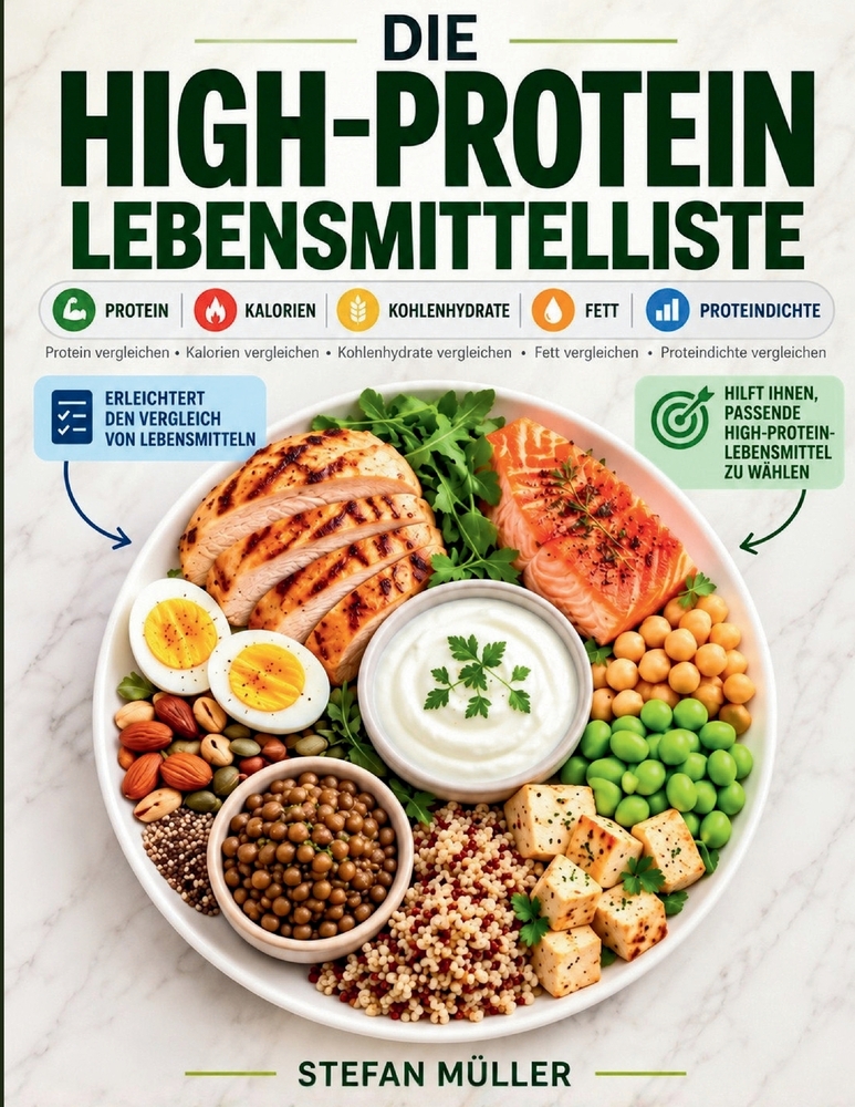 Die High-Protein Lebensmittelliste: Ein praktischer Schnellreferenz-Ratgeber für proteinreiche Lebensmittel zum Abnehmen, Muskelaufbau, zur Mahlzeiten cover