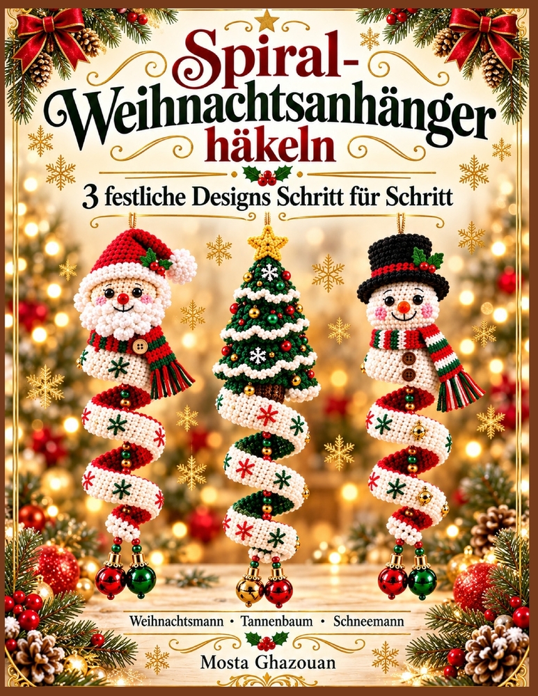 Spiral-Weihnachtsanhänger häkeln: 3 festliche Designs Schritt für Schritt Weihnachtsmann, Weihnachtsbaum und Schneemann cover