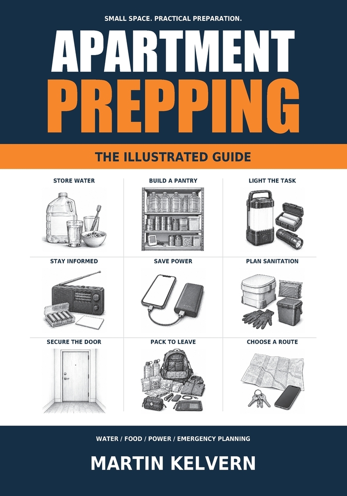 Apartment Prepping: An Illustrated Guide to Emergency Preparedness in Small Spaces-Water Storage, Food Supplies, Power Outages, and Evacuation cover