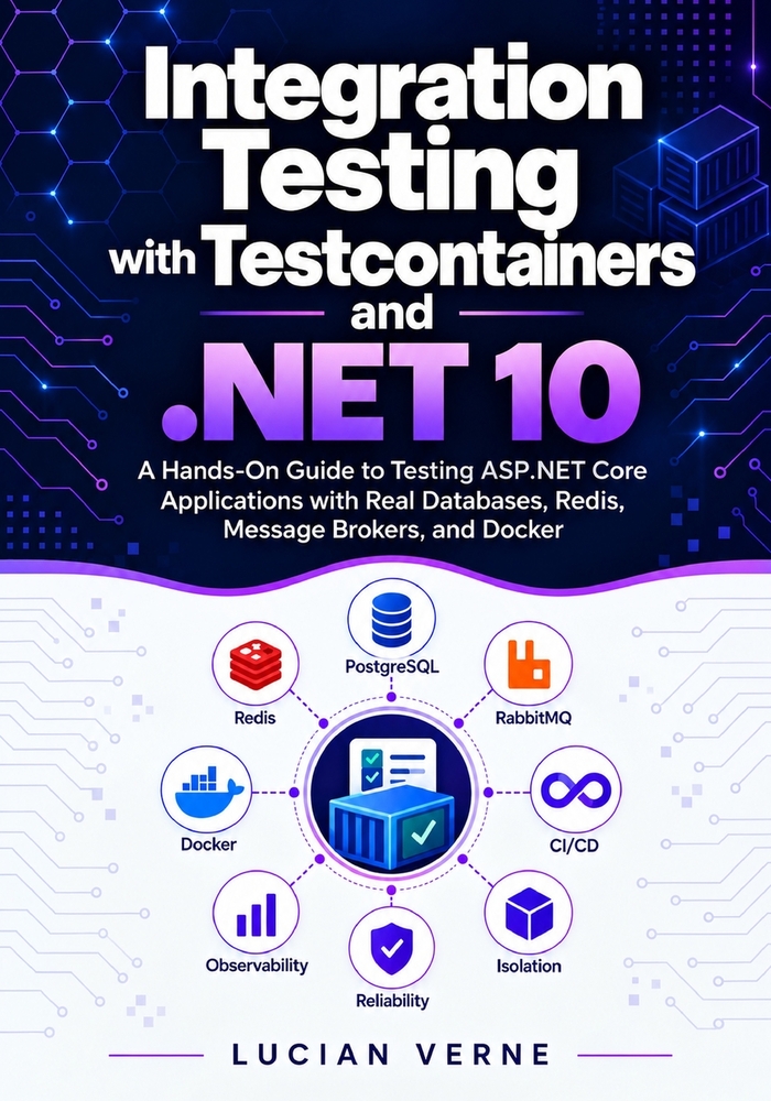 Integration Testing with Testcontainers and .NET 10: A Hands-On Guide to Testing ASP.NET Core Applications with Real Databases, Redis, Message Brokers cover