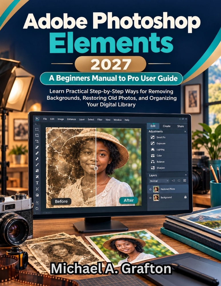 Adobe Photoshop Elements 2027: A Beginners Manual to Pro User Guide: Learn Practical Step-by-Step Ways for Removing Backgrounds, Restoring Old Photos, cover