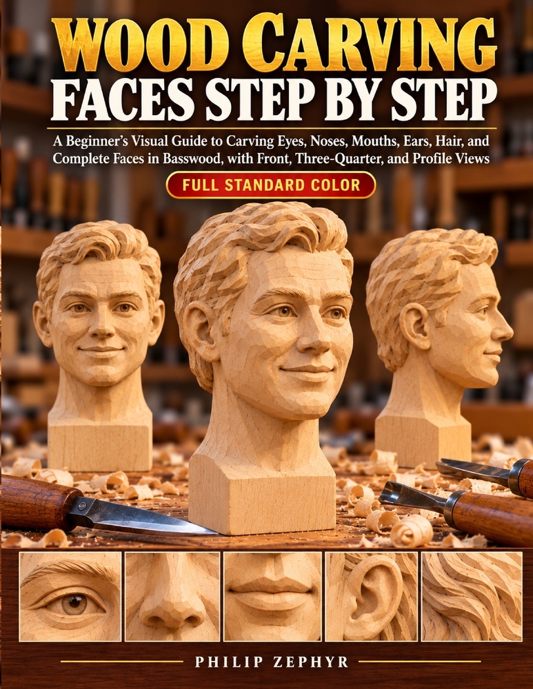 Wood Carving Faces Step by Step: A Beginner's Visual Guide to Carving Eyes, Noses, Mouths, Ears, Hair, and Complete Faces in Basswood, with Front, Thr cover