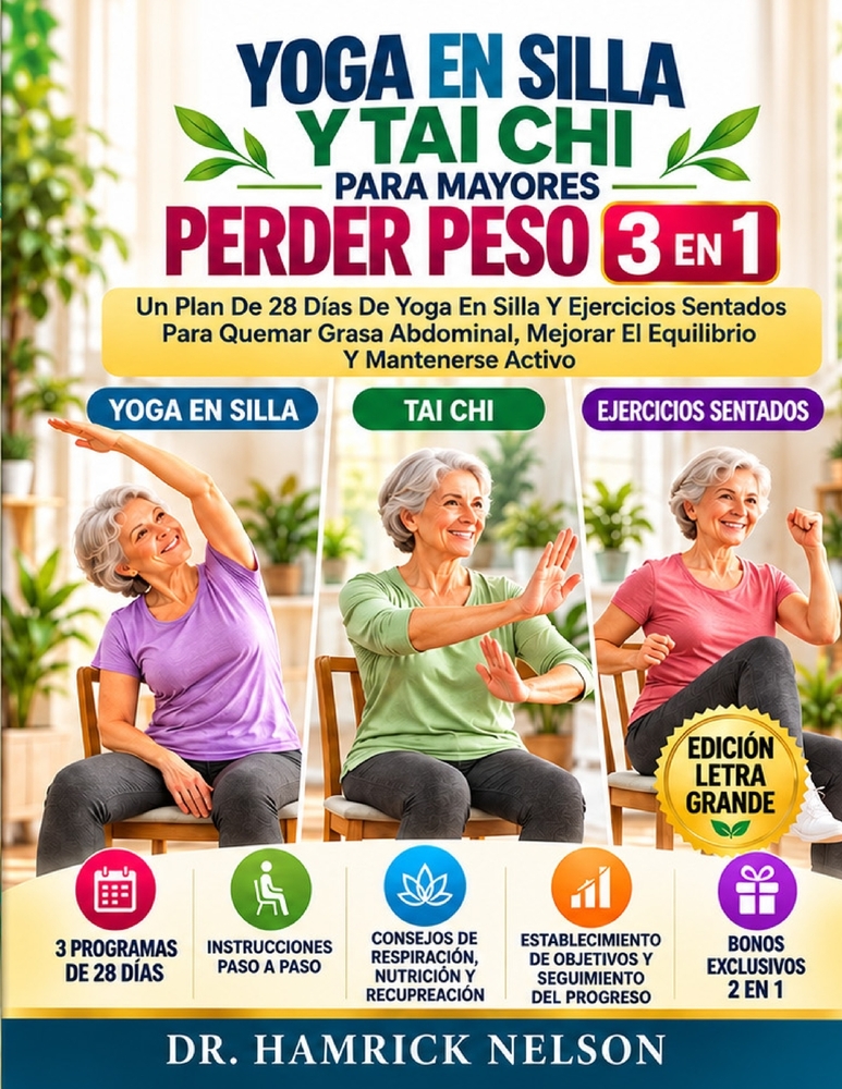 Yoga En Silla Y Tai Chi Para Mayores Perder Peso 3 En 1: Un Plan De 28 Días De Yoga En Silla Y Ejercicios Sentados Para Quemar Grasa Abdominal, Mejora cover