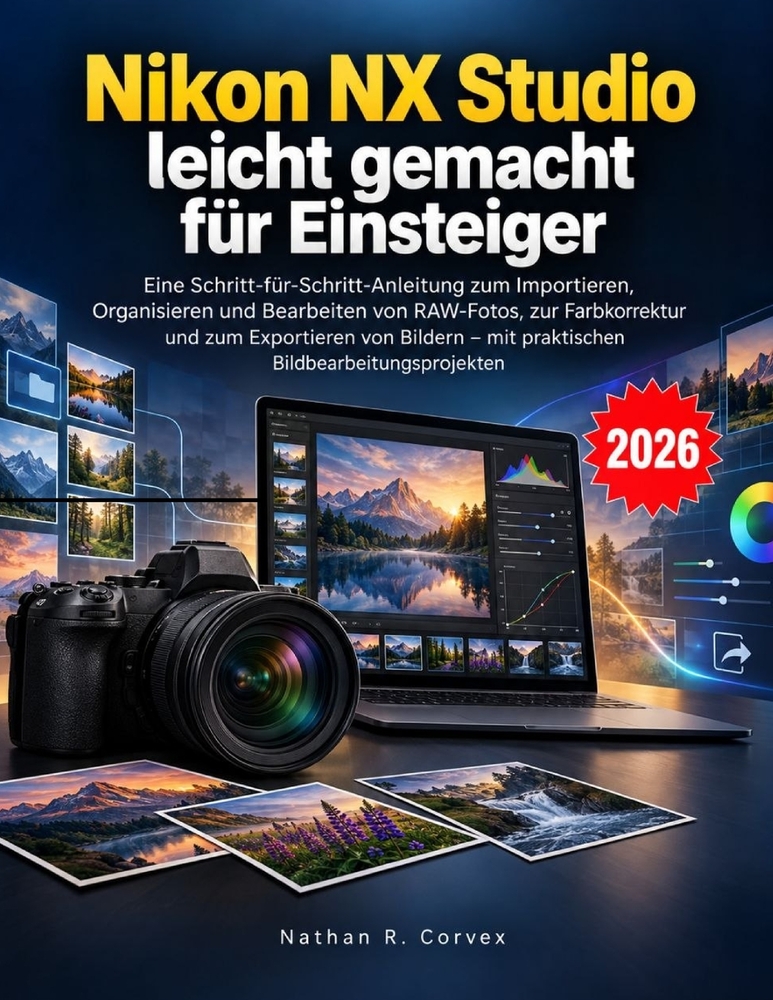 Nikon NX Studio leicht gemacht für Einsteiger: Eine Schritt-für-Schritt-Anleitung zum Importieren, Organisieren und Bearbeiten von RAW-Fotos, zur Farb cover