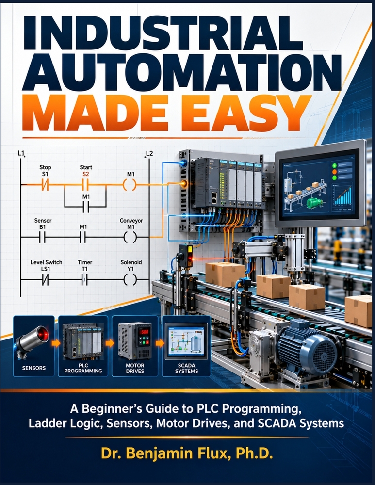 Industrial Automation Made Easy: A Beginner's Guide to PLC Programming, Ladder Logic, Sensors, Motor Drives, and SCADA Systems cover