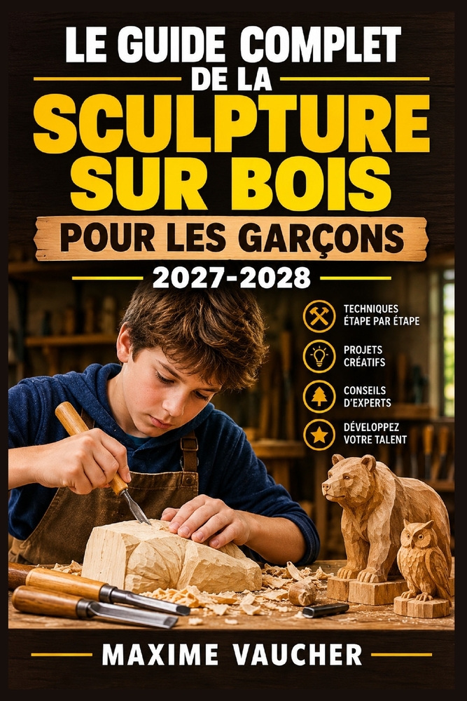 Le guide complet de la sculpture sur bois pour les garçons 2027-2028: Projets illustrés, techniques simples et gestes sûrs pour créer des objets uniqu cover