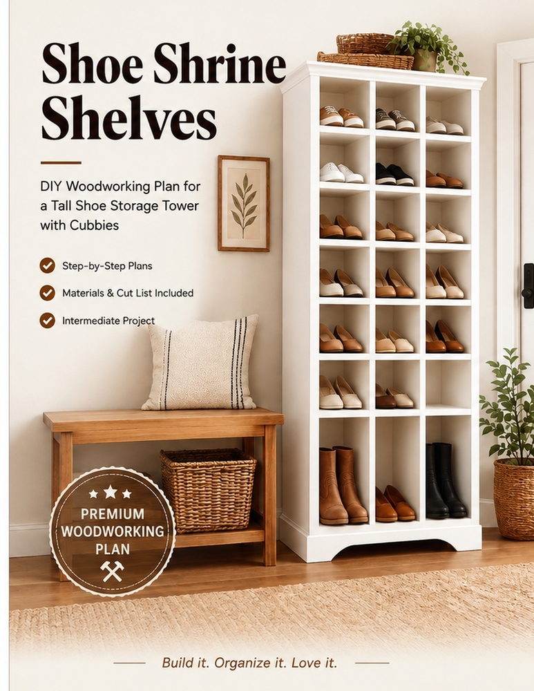 Shoe Shrine Shelves: DIY Woodworking Plan for a Tall Shoe Storage Tower with Cubbies cover