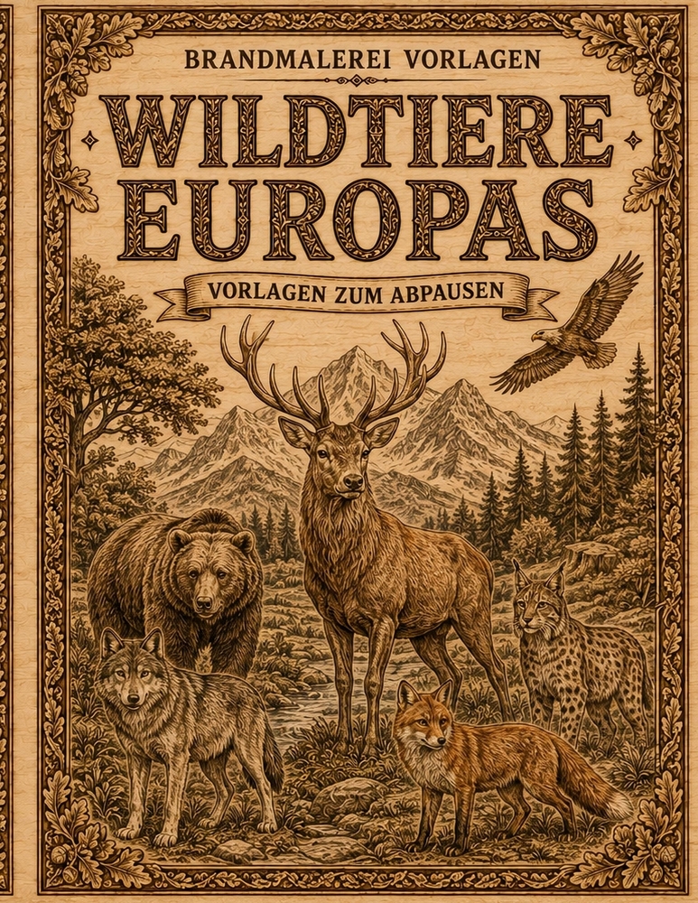 Brandmalerei Vorlagen, Wildtiere Europas: Detailreiche Tiermotive zum Abpausen, Übertragen und Brandmalen auf Holz Pyrographie für Anfänger und Fortge cover