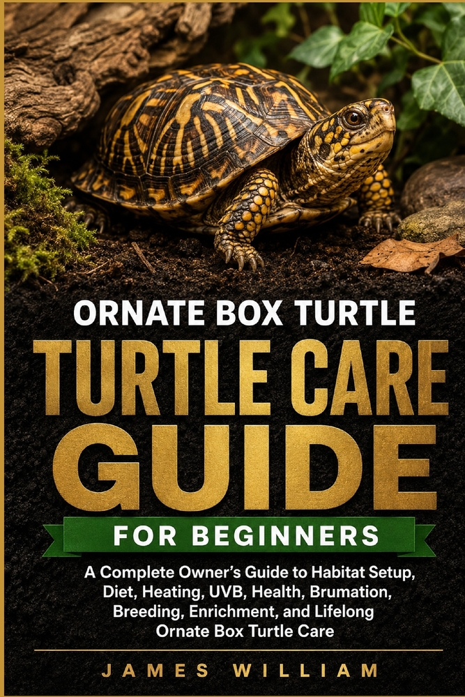 Ornate Box Turtle Care Guide for Beginners: A Complete Owner's Guide to Habitat Setup, Diet, Heating, UVB, Health, Brumation, Breeding, Enrichment, an cover