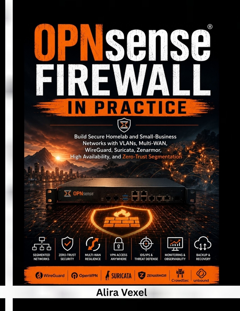 OPNsense Firewall in Practice: Build Secure Homelab and Small-Business Networks with VLANs, Multi-WAN, WireGuard, Suricata, Zenarmor, High Availabilit cover