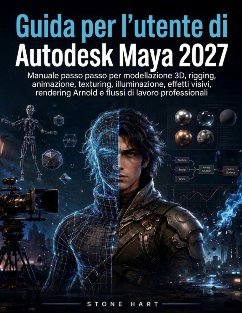 Guida per l'utente di Autodesk Maya 2027: Manuale passo passo per modellazione 3D, rigging, animazione, texturing, illuminazione, effetti visivi, rend cover