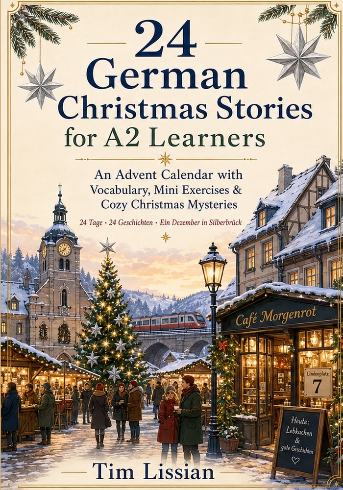 24 German Christmas Stories for A2 Learners: An Advent Calendar with Vocabulary, Mini Exercises & Cozy Christmas Mysteries cover