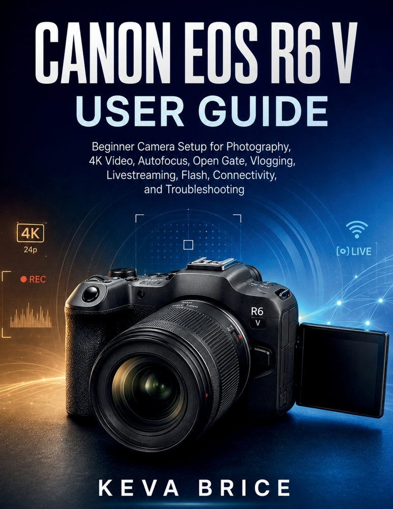 Canon EOS R6 V User Guide: Beginner Camera Setup for Photography, 4K Video, Autofocus, Open Gate, Vlogging, Livestreaming, Flash, Connectivity, and Tr cover