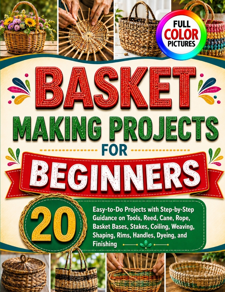 Basket Making Projects for Beginners: 20 Easy-to-Do Projects with Step-by-Step Guidance on Tools, Reed, Cane, Rope, Basket Bases, Stakes, Coiling, Wea cover