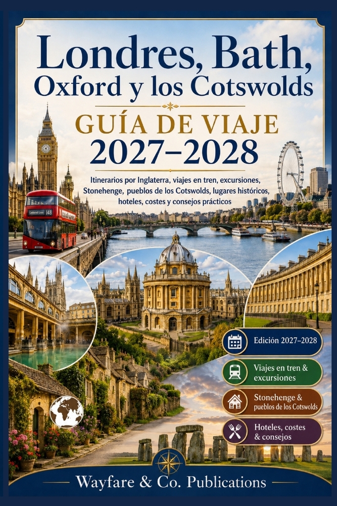 Guía de viaje Londres, Bath, Oxford y Cotswolds 2027-2028: Itinerarios por Inglaterra, tren, excursiones, Stonehenge, pueblos de los Cotswolds, sitios cover