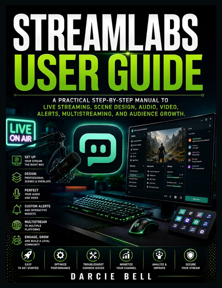 Streamlabs User Guide: A Practical Step-by-Step Manual to Live Streaming, Scene Design, Audio, Video, Alerts, Multistreaming, and Audience Growth. cover