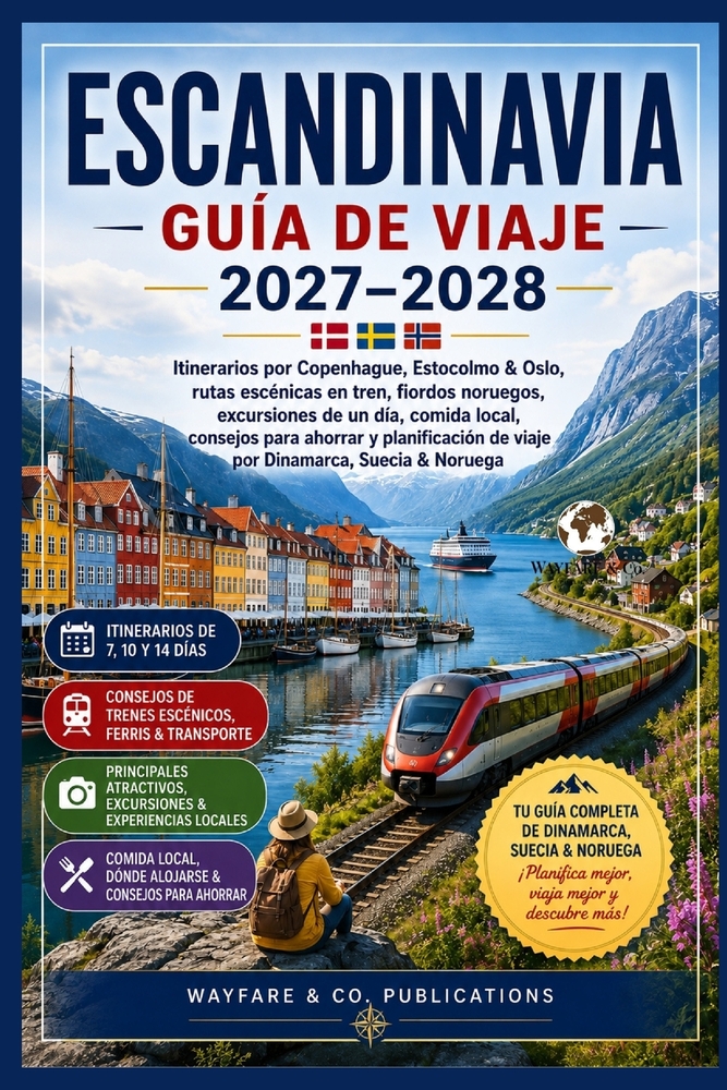 Guía de viaje de Escandinavia 2027-2028: Itinerarios Copenhague, Estocolmo & Oslo, Escandinavia en tren, fiordos noruegos, excursiones, comida local, cover