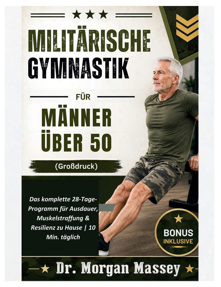Militärische Gymnastik für Männer über 50 (Großdruck): Das komplette 28-Tage-Programm für Ausdauer, Muskelstraffung & Resilienz zu Hause 10 Min. tägli cover