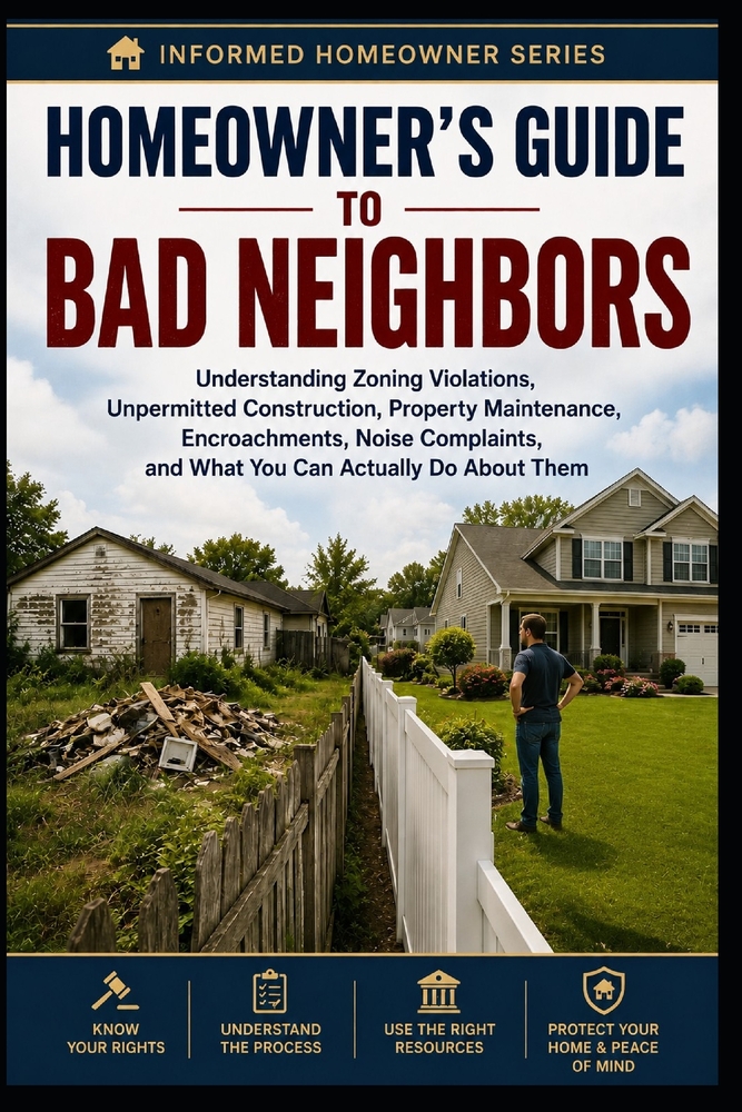 Homeowner's Guide to Bade Neighbors: Understanding Zoning Violations, Unpermitted Construction, Property Maintenance, Encroachments, Noise Complaints, cover
