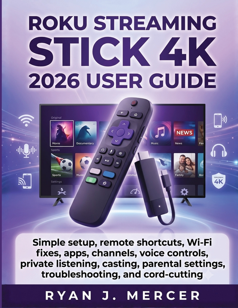 Roku Streaming Stick 4K 2026 User Guide: Simple setup, remote shortcuts, Wi-Fi fixes, apps, channels, voice controls, private listening, casting, pare cover
