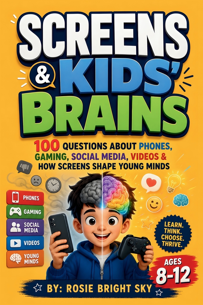 Screens & Kids Brains: 100 Questions About Phones, Gaming, Social Media, Videos & How Screens Shape Young Minds cover