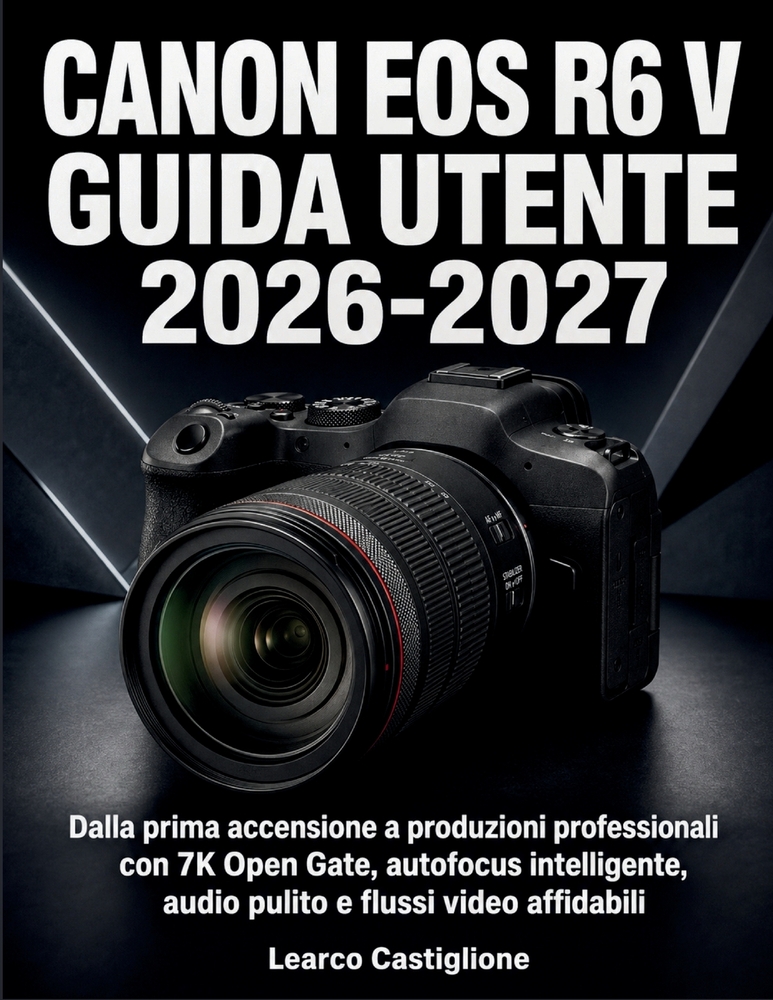 Canon Eos R6 V Guida Utente 2026-2027: Dalla prima accensione a produzioni professionali con 7K Open Gate, autofocus intelligente, audio pulito e flus cover