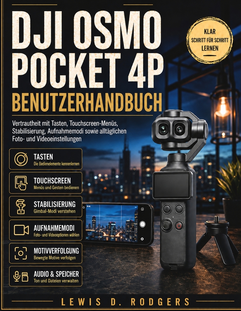 Dji Osmo Pocket 4p Benutzerhandbuch: Vertrautheit mit Tasten, Touchscreen-Menüs, Stabilisierung, Aufnahmemodi sowie alltäglichen Foto- und Videoeinste cover