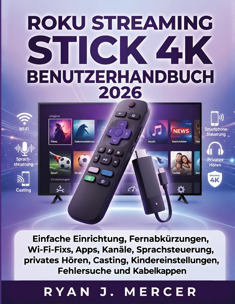 Roku Streaming Stick 4K Benutzerhandbuch 2026: Einfache Einrichtung, Fernabkürzungen, Wi-Fi-Fixs, Apps, Kanäle, Sprachsteuerung, privates Hören, Casti cover